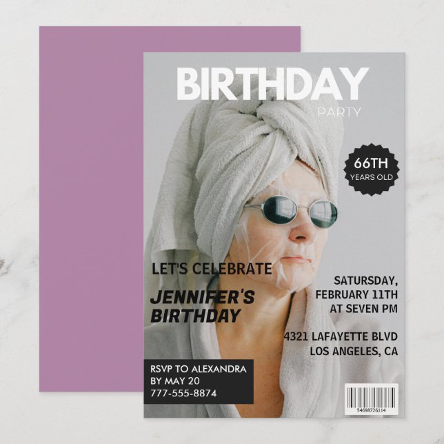 Convites de aniversário de 66 anos com foto elegan (Frente/Verso)