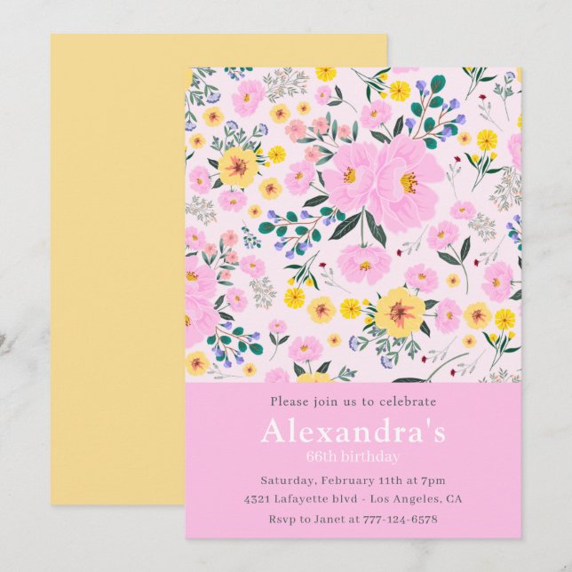 Convites de aniversário de 66 anos Elegantes Flora (Frente/Verso)