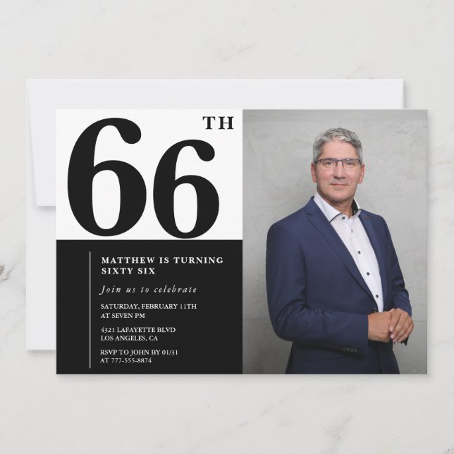 Convites de Aniversário de 66 anos Preto e Branco  (Frente)