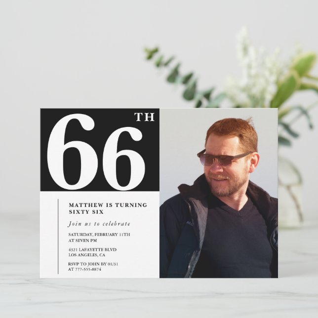 Convites de aniversário de 66 anos Preto e Branco  (Em pé/Frente)