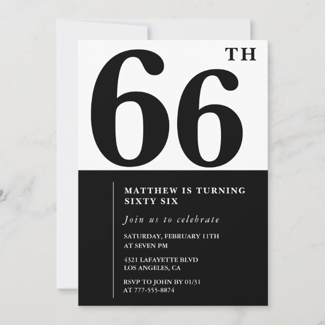 convites de aniversário de 66 anos Preto e Branco  (Frente)