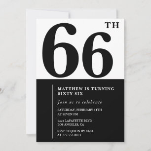convites de aniversário de 66 anos Preto e Branco 