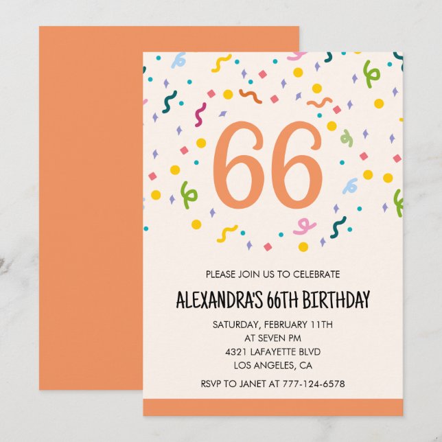 Convites de aniversário de 66 anos Simple Confetti (Frente/Verso)