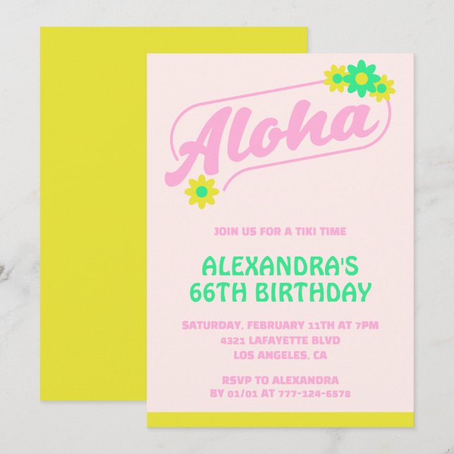 convites de aniversário de 66 anos Tropical Aloha  (Frente/Verso)