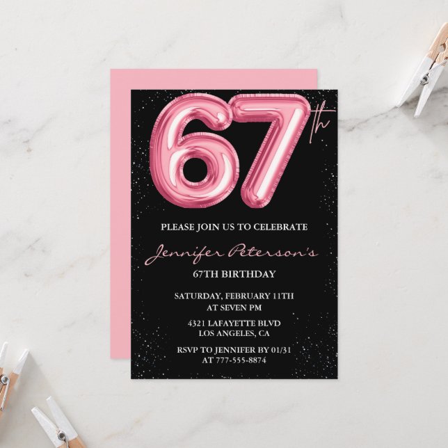 Convites de aniversário de 67 anos Black Pink Balã (Frente/Verso In Situ)