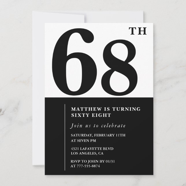convites de aniversário de 68 anos Preto e Branco  (Frente)
