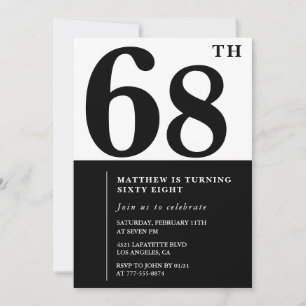 convites de aniversário de 68 anos Preto e Branco 