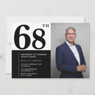 Convites de Aniversário de 68 anos Preto e Branco 