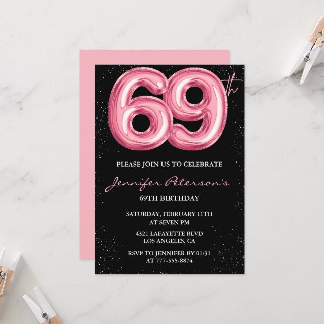 Convites de aniversário de 69 anos Black Pink Balã (Frente/Verso In Situ)