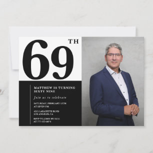 Convites de Aniversário de 69 anos Preto e Branco 