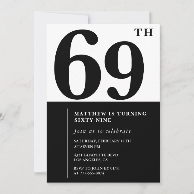 convites de aniversário de 69 anos Preto e Branco  (Frente)
