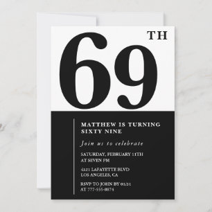 convites de aniversário de 69 anos Preto e Branco 