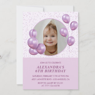 convites de aniversário de 6 anos Balões Foto Roxo