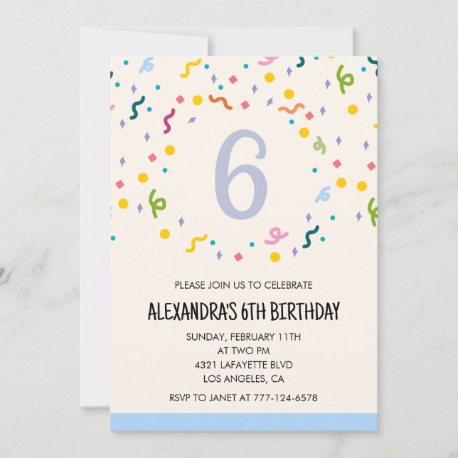 Convites de aniversário de 6 anos simples Confetti (Frente)