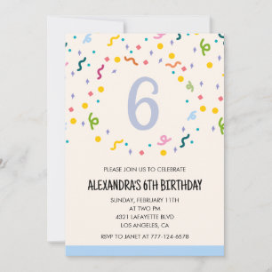Convites de aniversário de 6 anos simples Confetti