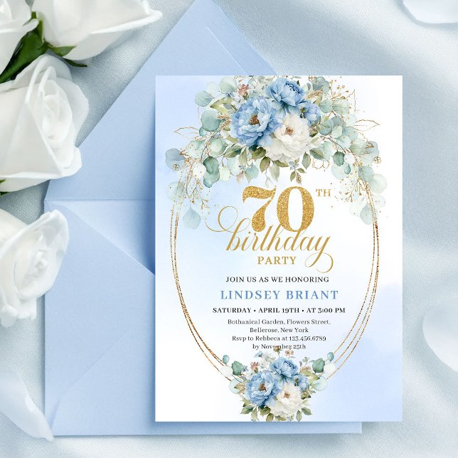 Convites de Aniversário de 70 anos com Flores Azui (Elegant Pastel Blue Flowers 70th Birthday Invitation)