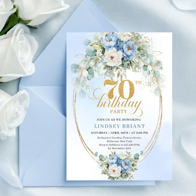 Convites de Aniversário de 70 anos com Flores Azui (Romantic Light Blue Flowers 70th Birthday Invitation Set

)