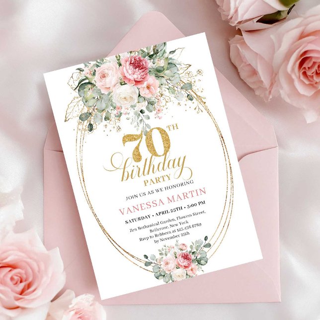 Convites de Aniversário de 70 anos em Rosa Floral  (Romantic Dusty Pink Floral 70th Birthday Invitation)