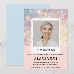 Convites de aniversário de 71 anos com confetes ro