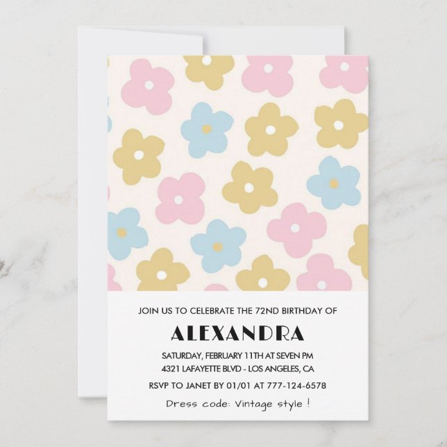 Convites de aniversário de 72 anos Floral Retro (Frente)
