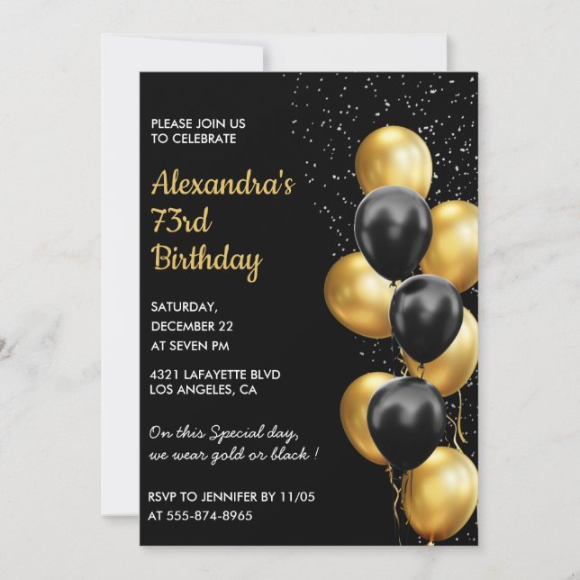 Convites de aniversário de 73 anos Black Gold Glit (Frente)