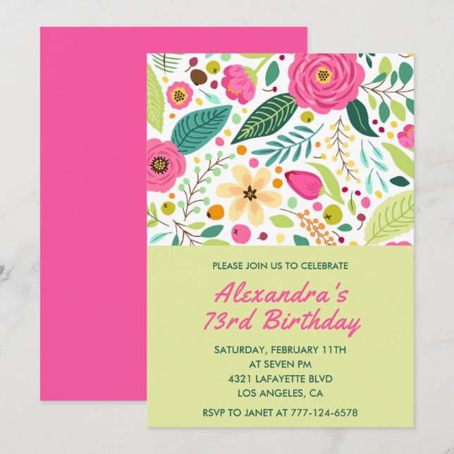 Convites de aniversário de 73 anos Florais Colorid (Frente/Verso)