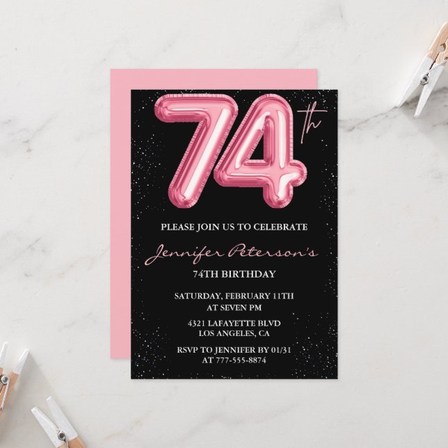 Convites de aniversário de 74 anos Black Pink Balã (Frente/Verso In Situ)