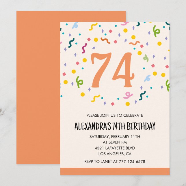 Convites de aniversário de 74 anos Simple Orange C (Frente/Verso)