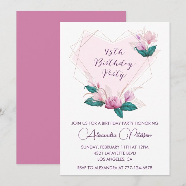 Convites de aniversário de 75 anos elegantes Flora (Frente/Verso)