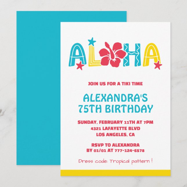 convites de aniversário de 75 anos Tropical Aloha  (Frente/Verso)
