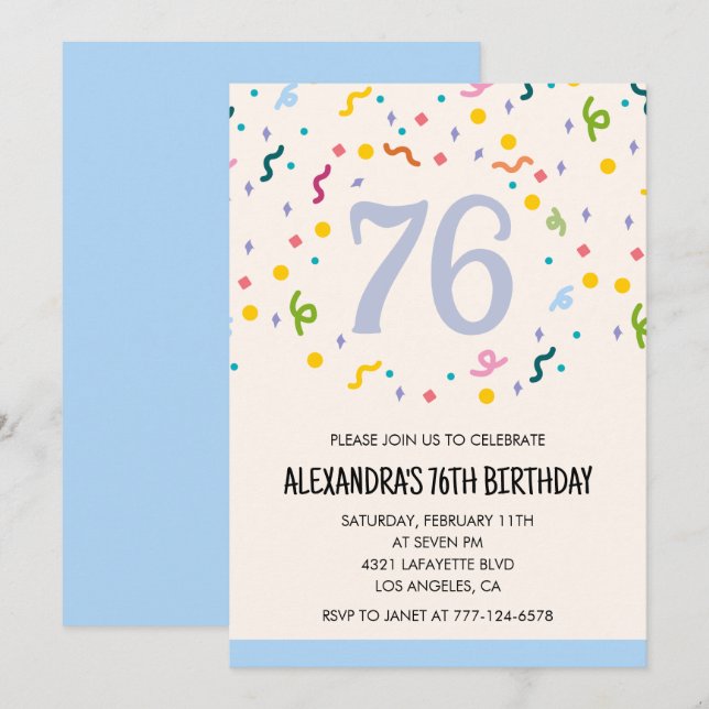 Convites de aniversário de 76 anos Confetes Simple (Frente/Verso)