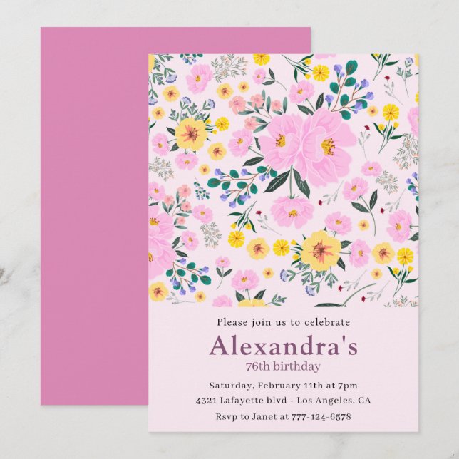 Convites de aniversário de 76 anos Flores Retro El (Frente/Verso)