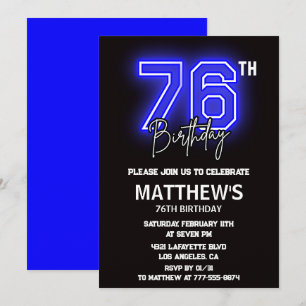 Convites de aniversário de 76 anos Neon Preto Home