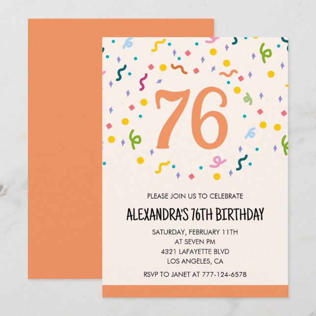 Convites de aniversário de 76 anos Simple Orange C (Frente/Verso)