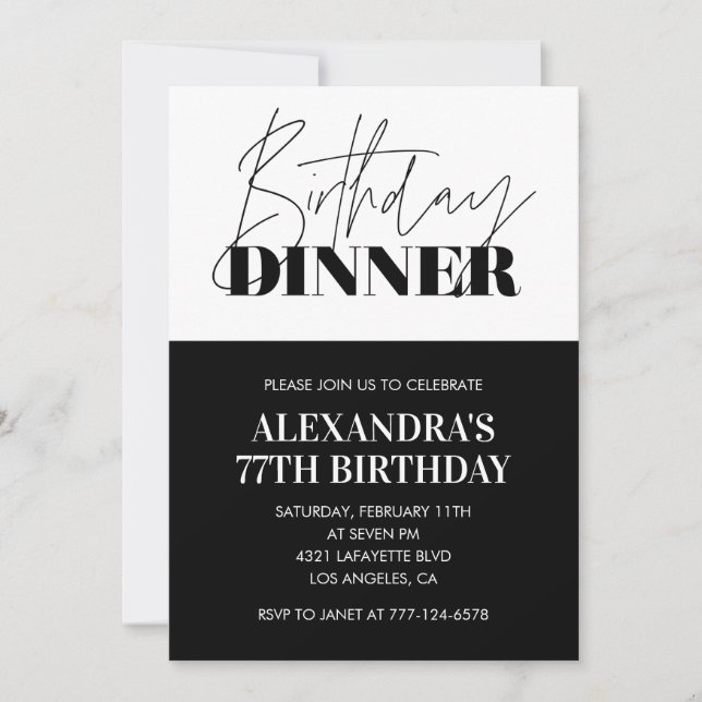 Convites de aniversário de 77 anos preto e branco  (Frente)