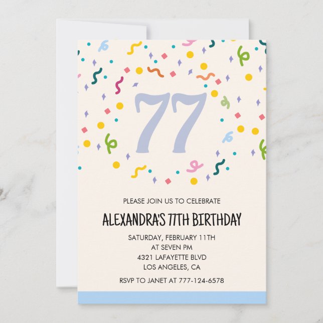 Convites de aniversário de 77 anos simples Confett (Frente)
