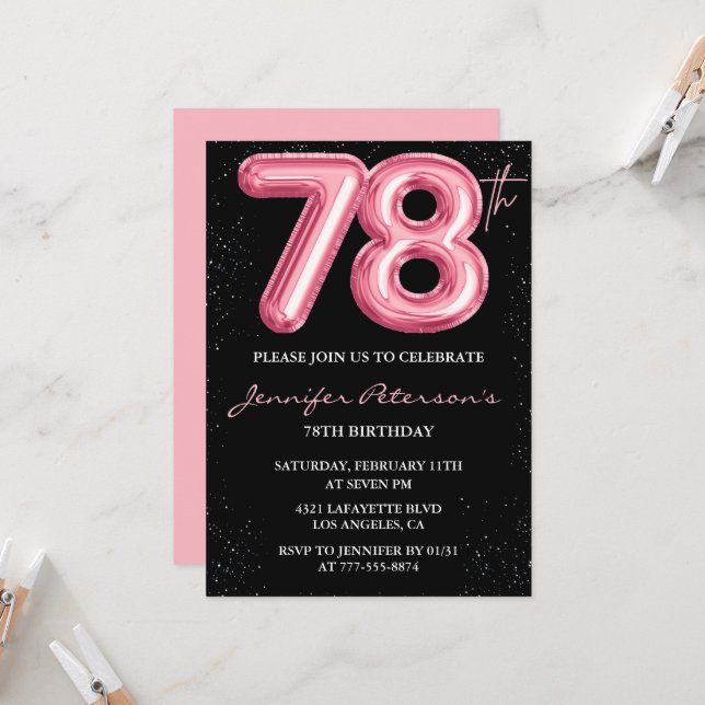Convites de aniversário de 78 anos Black Pink Balã (Frente/Verso In Situ)