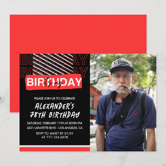 Convites de aniversário de 78 anos masculino Preto (Frente/Verso)
