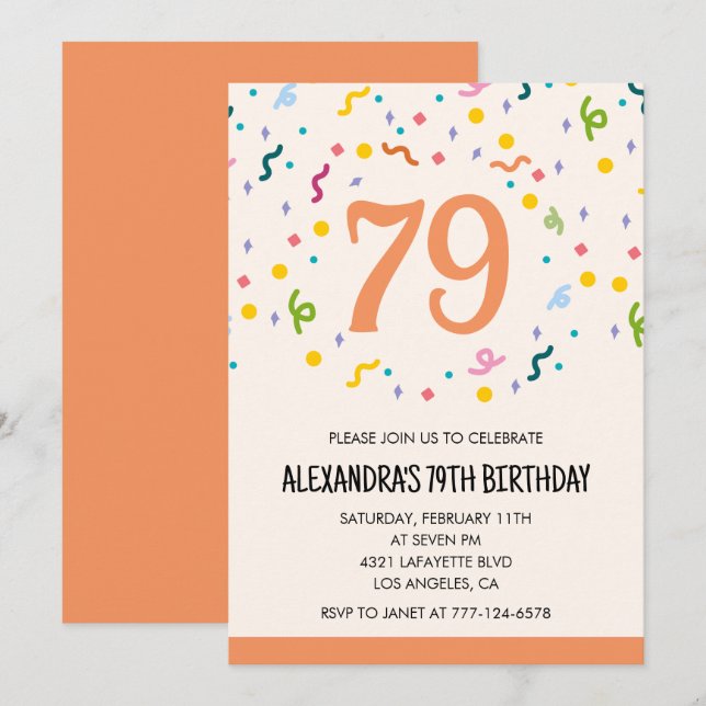 Convites de aniversário de 79 anos simples Confett (Frente/Verso)