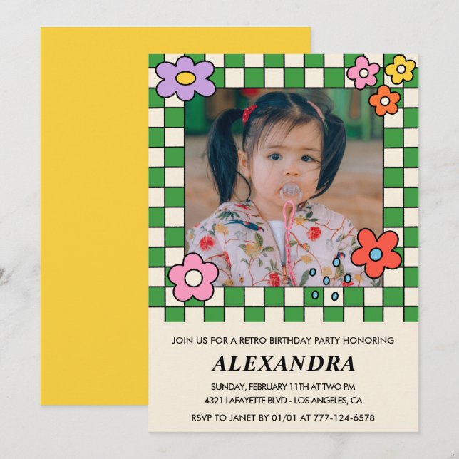 convites de aniversário de 7 anos Flores Groovy Re (Frente/Verso)