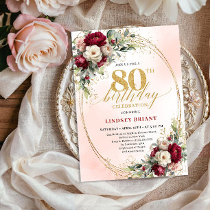 Convites de Aniversário de 80 anos Burgundy Blush