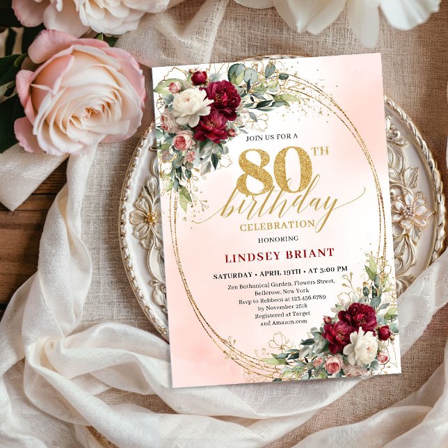 Convites de Aniversário de 80 Anos Flores Boho Bur (Rustic Burgundy Boho Flowers 80th Birthday Invitation)