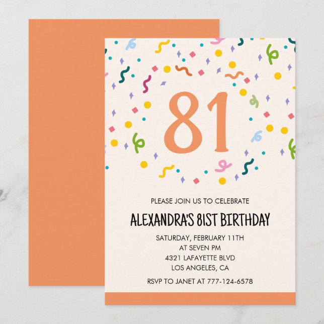 Convites de aniversário de 81 anos simples Confete (Frente/Verso)