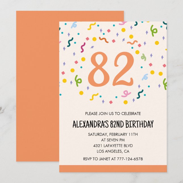 Convites de aniversário de 82 anos simples Confett (Frente/Verso)