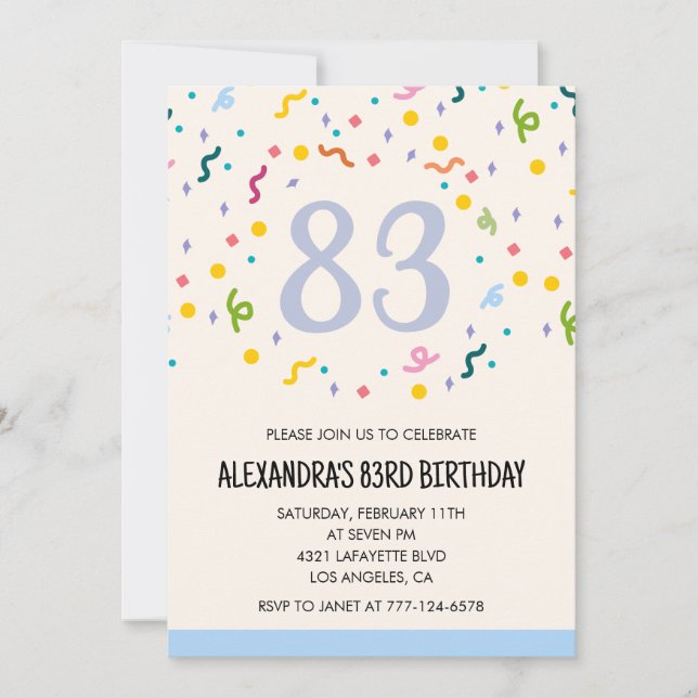 Convites de aniversário de 83 anos simples Confete (Frente)