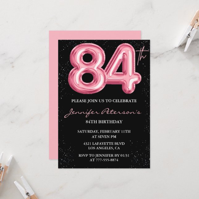 Convites de aniversário de 84 anos Black Pink Balã (Frente/Verso In Situ)