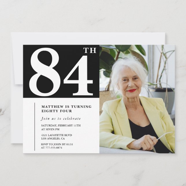 Convites de aniversário de 84 anos Preto e Branco  (Frente)