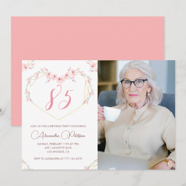 convites de aniversário de 85 anos Boho Floral Fot (Frente/Verso)