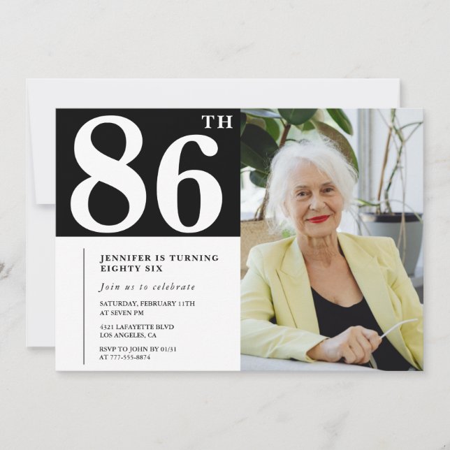 Convites de aniversário de 86 anos Preto e Branco  (Frente)