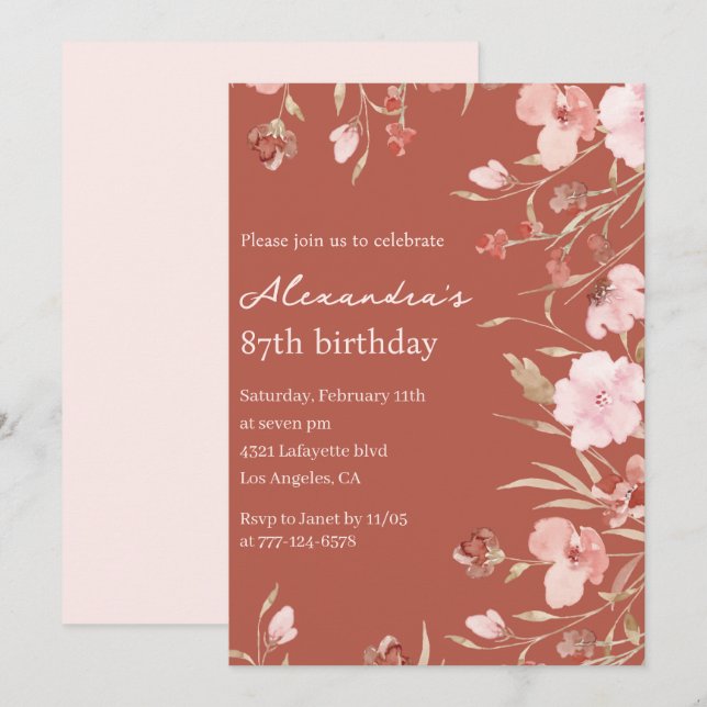 Convites de aniversário de 87 anos Elegantes Flora (Frente/Verso)